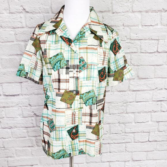 Vintage '70s Bradley Knitwear Green Plaid Patchwork Print Button Down Top Size M - Picture 1 of 16